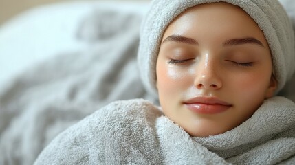 A young woman enjoys a moment of tranquility in a spa setting, wrapped in a soft towel and radiating calm. Her eyes are gently closed as she embraces relaxation