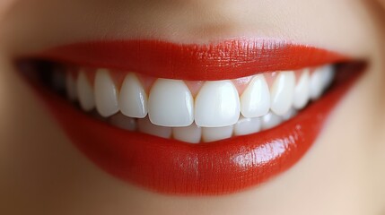 A close-up view highlights a vibrant smile with bright white teeth and striking red lips. The image conveys happiness and self-assurance through the cheerful expression