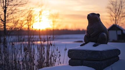 Bronze Statue of a Beaver Against a Beautiful Winter Sunset