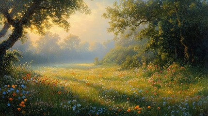Obraz premium Serene Sunrise Meadow: A breathtaking landscape painting depicting a sun-drenched field of wildflowers, framed by majestic trees at dawn.