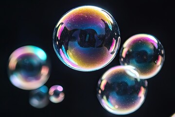 Soap bubbles floating on a black background isolated
