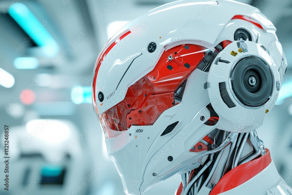 Poster Futuristic robotic helmet design showcased in a high-tech environment with intricate details and sleek aesthetics