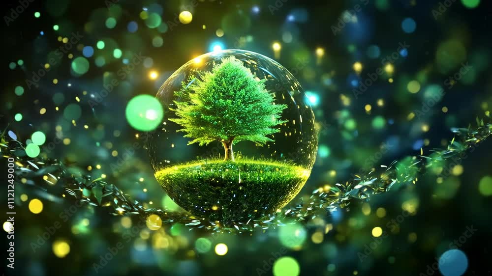 Poster vibrant tree encapsulated in a glowing sphere amidst luminous particles in a magical setting