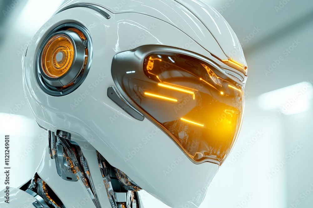 Poster futuristic robot with glowing visor and sleek design in a modern technological environment