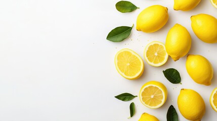 Fresh Juicy Lemons on a Light Background with Green Leaves and Sliced Halves for Culinary and Health Concepts