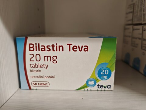 Prague, Czech Republic -December 20 2024: BILASTIN TEVA tablets with BILASTINE active substance by TEVA, used for allergy relief.	
