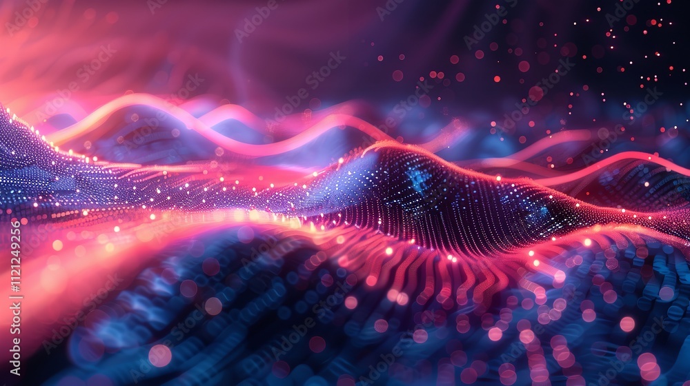 Poster abstract digital wave with glowing particles, generative ai.