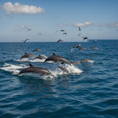Fototapeta premium A group of sea birds circling above a pod of dolphins in the sea.