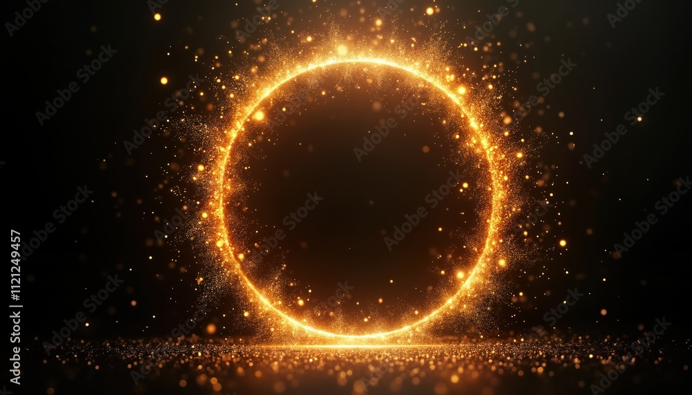 Poster dynamic gold glitter circle glows brightly on black background. golden particles explode in round fr