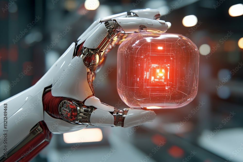 Poster robot hand holding a glowing cube in a futuristic laboratory setting filled with technology and inno