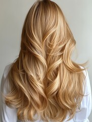 Naklejka premium Beautiful long wavy hair cascading down the back in a soft golden hue, showcasing a stunning hairstyle and natural shine