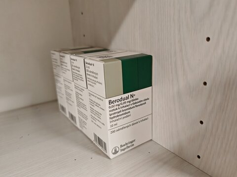 Prague,Czech republic-December 20 2024: BERODUAL N inhaler box with Fenoterol and ipratropium-bromid active substance made by pharmaceutical company BOEHRINGER INGELHEIM	
