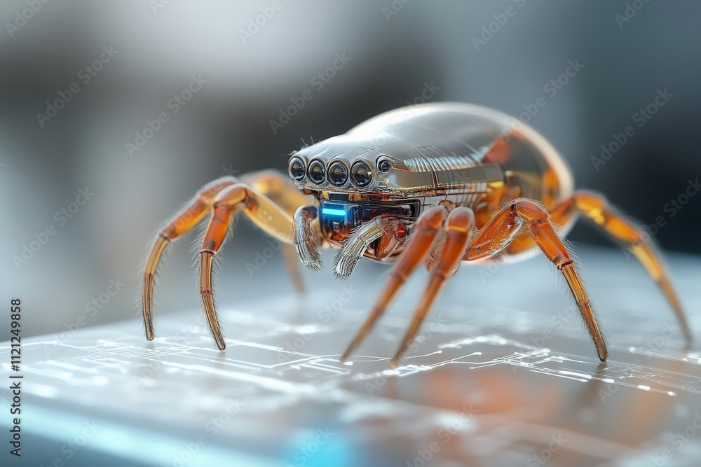 Poster mechanical spider crawls on a circuit board, showcasing advanced robotic design and technology in an
