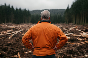 Fototapeta premium A logger standing on the edge of a cleared section of forest, observing the deforested area. The background features stumps, fallen trees, and remnants of the once-dense woodland
