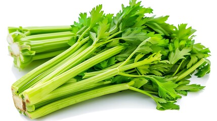 A bunch of long, green celery stalks, fresh and crisp, isolated on a white background.