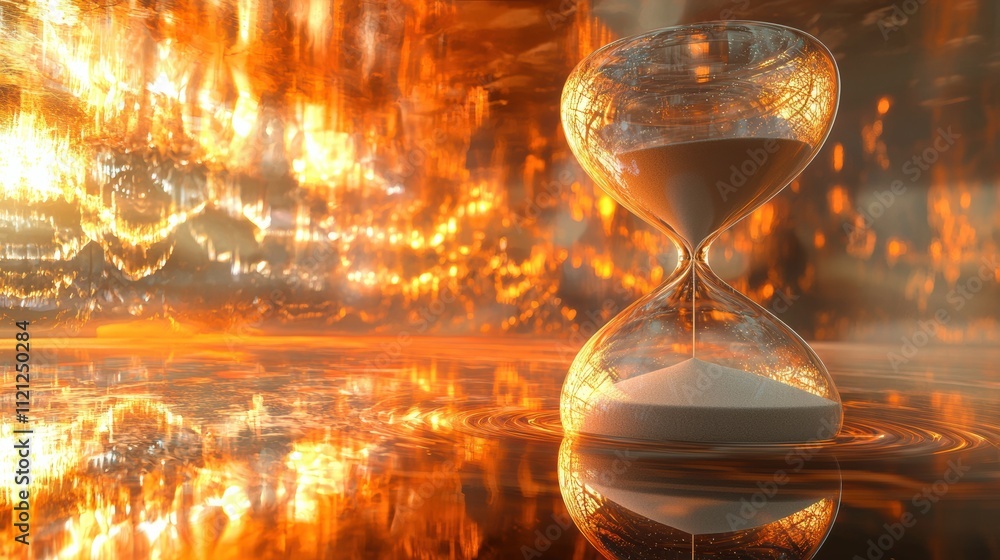 Poster time passing hourglass glowing in fiery background abstract concept dynamic environment