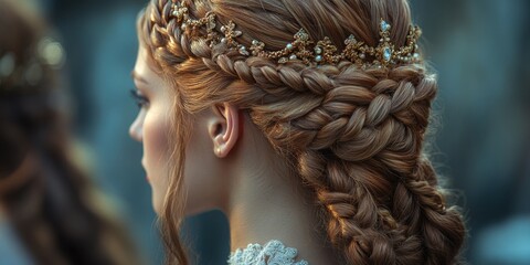 Elegant braided hairstyle adorned with golden accessories at a royal event in a sunlit garden