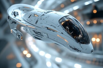 Futuristic spaceship gliding through a sleek sci-fi interior in a high-tech environment