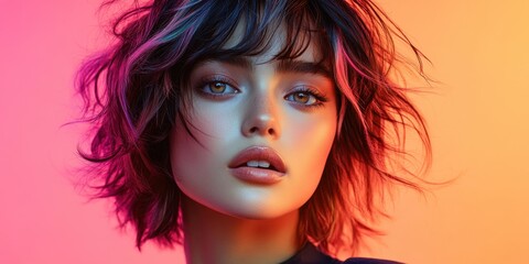 Fototapeta premium Captivating portrait of a young woman with striking features against a vibrant, colorful background