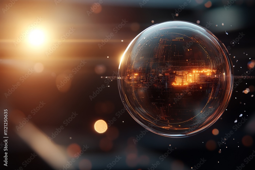 Poster Surreal portrayal of a glowing sphere with abstract digital patterns and warm light in a futuristic setting