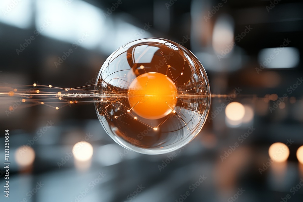 Poster artistic representation of a glowing sphere surrounded by energy and light particles in a modern set