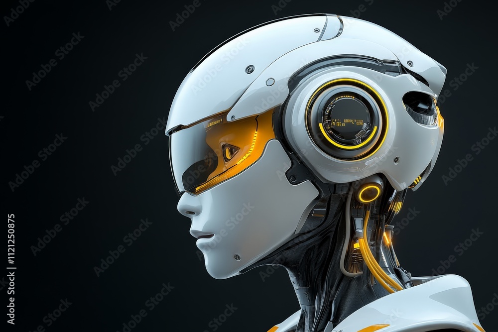 Poster futuristic robot head showcasing advanced design and technology with glowing accents and intricate c