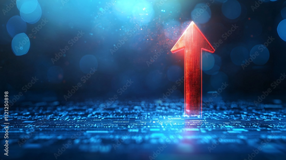 Aufkleber red arrow pointing upwards on a digital background with blue bokeh lights.