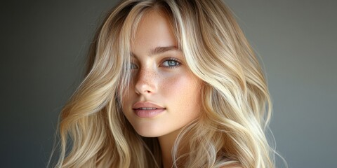 Naklejka premium Captivating moment of a young woman with flowing blonde hair showcasing natural beauty and charm in soft lighting