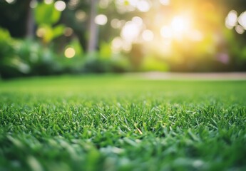 Naklejka premium Lush Green Grass with Soft Blurred Background and Glowing Sunlight in a Serene Outdoor Garden Setting Perfect for Nature and Relaxation Themes