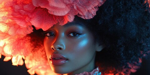 Captivating beauty adorned with vibrant floral headpiece illuminated by soft pink lights