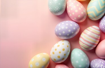 Obraz premium Pastel colored Easter eggs arranged on soft pink background. Decorative patterns on eggs create attractive display. Multicolored eggs with polka dots, stripes, snowflakes seen. Top view colorful eggs