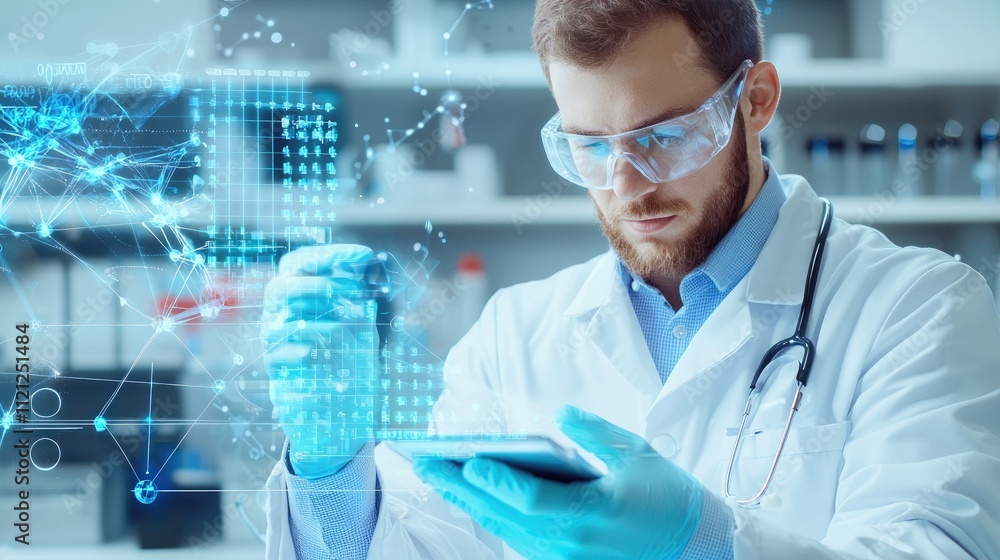 Poster scientist in lab conducting research with digital data analysis and technology for innovative medica