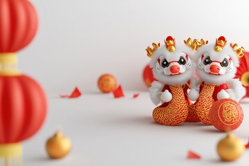 Chinese New Year Festival Celebration with Traditional Lion Dance Figurines in a Festive Environment Captured from a Close-Up Viewpoint