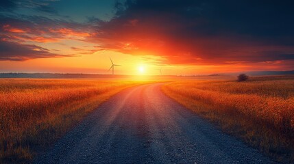 Serene Sunset Over a Rural Road with Wind Turbines and Golden Fields Capturing the Essence of Nature and Sustainable Energy at Dusk