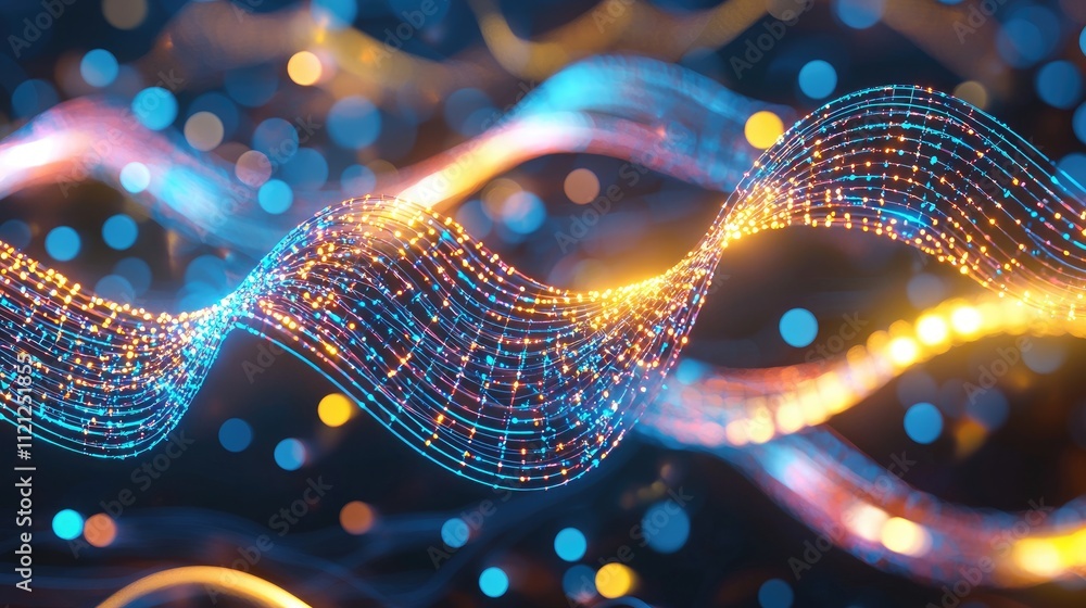 Poster colorful abstract waves of light and energy flowing through a dark background creating a digital atm