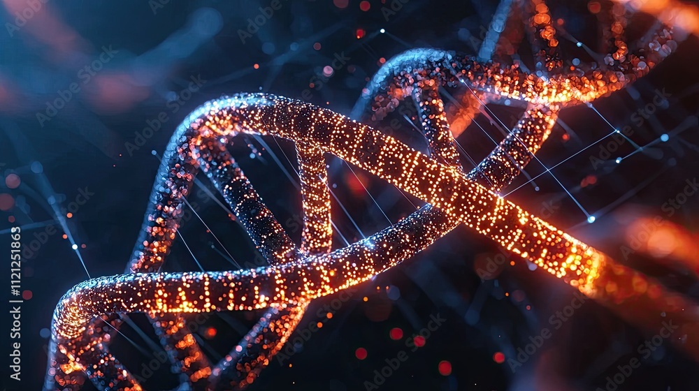 Poster stunning close-up of glowing dna helix with vibrant particles and data connections against a dark ba
