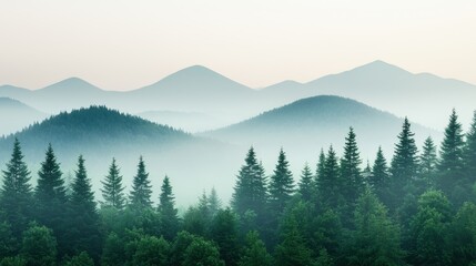 Evergreen forest fading into misty mountain landscape at dawn