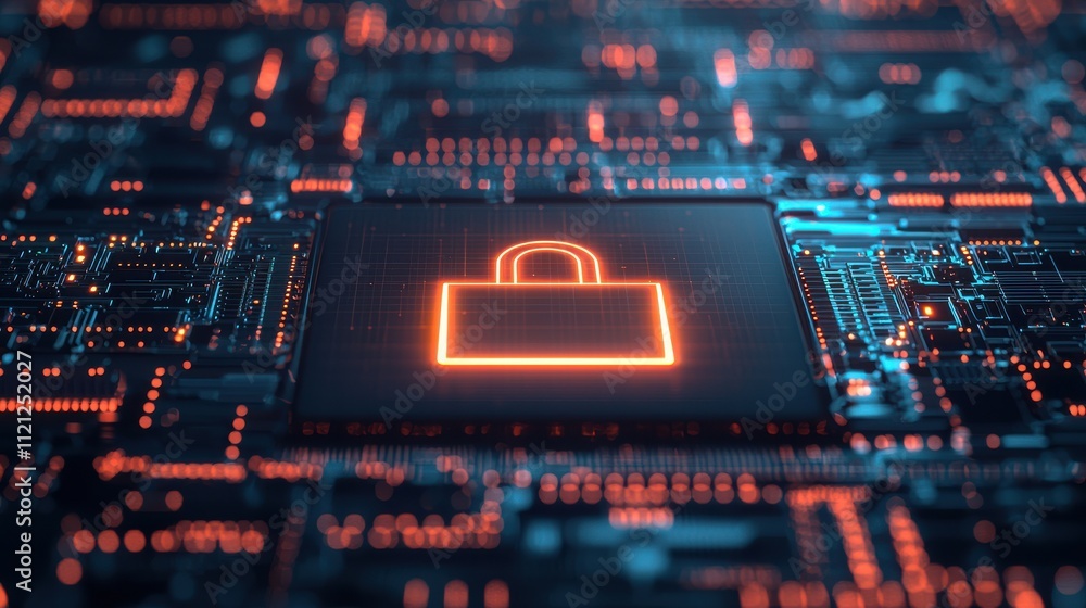 Aufkleber a digital lock symbol on a circuit board, representing cybersecurity and data protection in a high-t