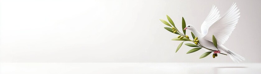 Obraz premium A graceful white dove carries an olive branch, symbolizing peace and hope against a serene, minimalistic background.