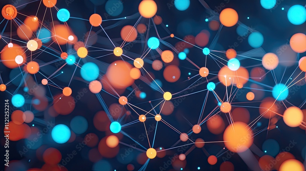 Poster colorful digital connections represented by vibrant glowing nodes and lines on a dark background for