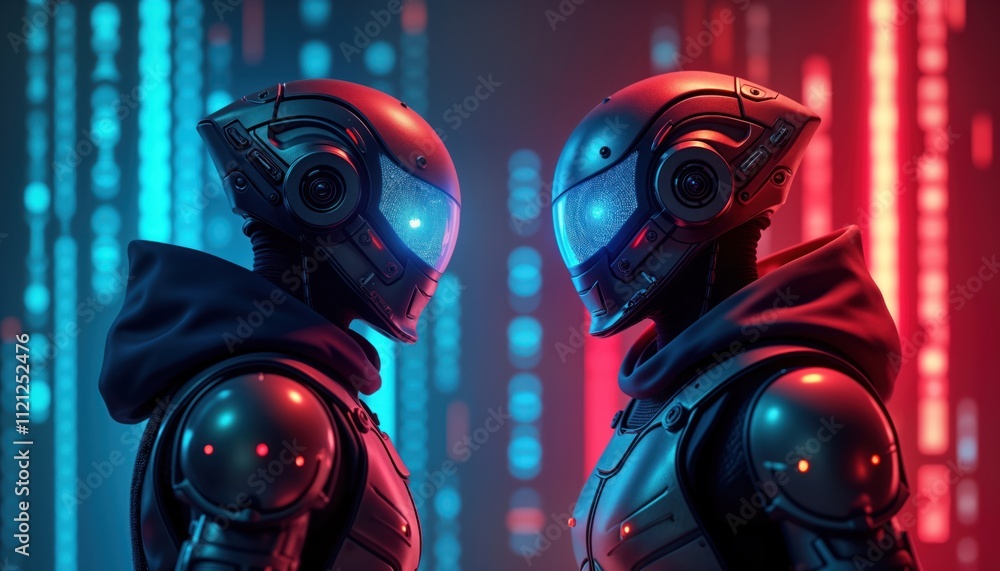 Poster Futuristic cybernetic warriors face off in digital battle. Tech-clad figures in blue, red team attire defend network from attack. Glowing encryption algorithms, binary data streams fill dark