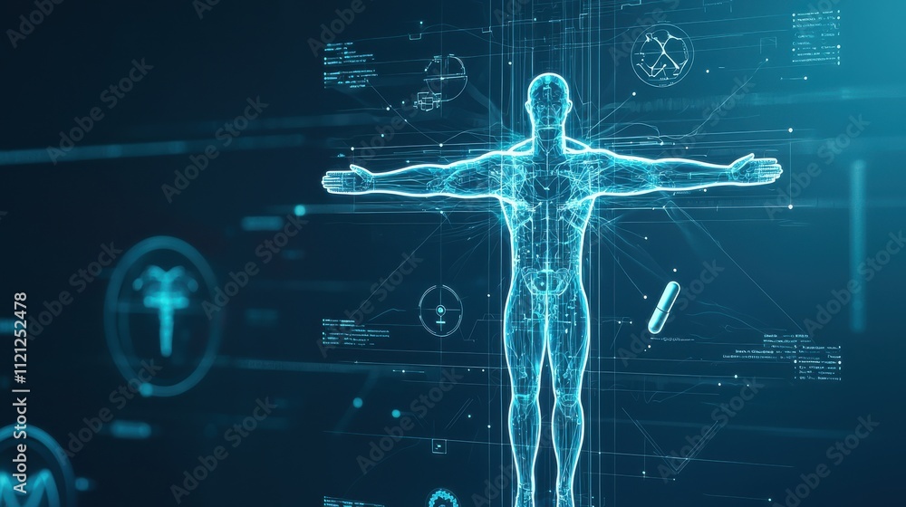 Poster a digital representation of a human figure with overlaying data and symbols, illustrating anatomy an