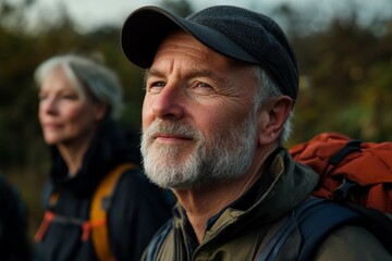 Fototapeta premium Senior hikers enjoying nature on a scenic trail during a sunny day in a forest setting