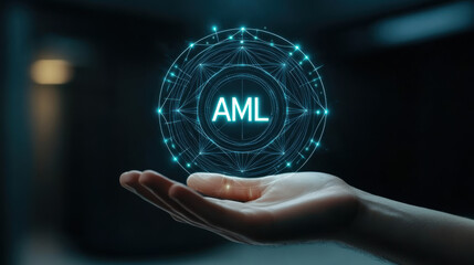 hand holds glowing sphere with letters AML, Anti money laundering.