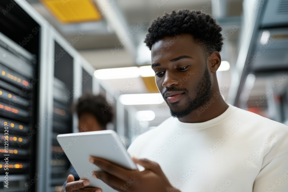 Poster young man using a tablet while standing in a modern server room with technology in the background