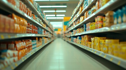 Fototapeta premium Aisle view in a grocery store showcasing colorful product packaging and shelves.
