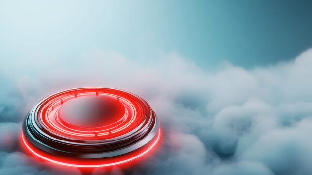 futuristic fire alarm with glowing red light above clouds, symbolizing safety and alertness