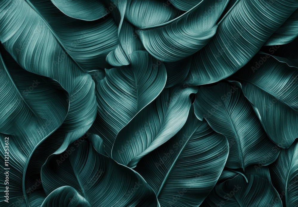 Poster lush green tropical leaves in an elegant overlapping arrangement creating a serene and decorative bo