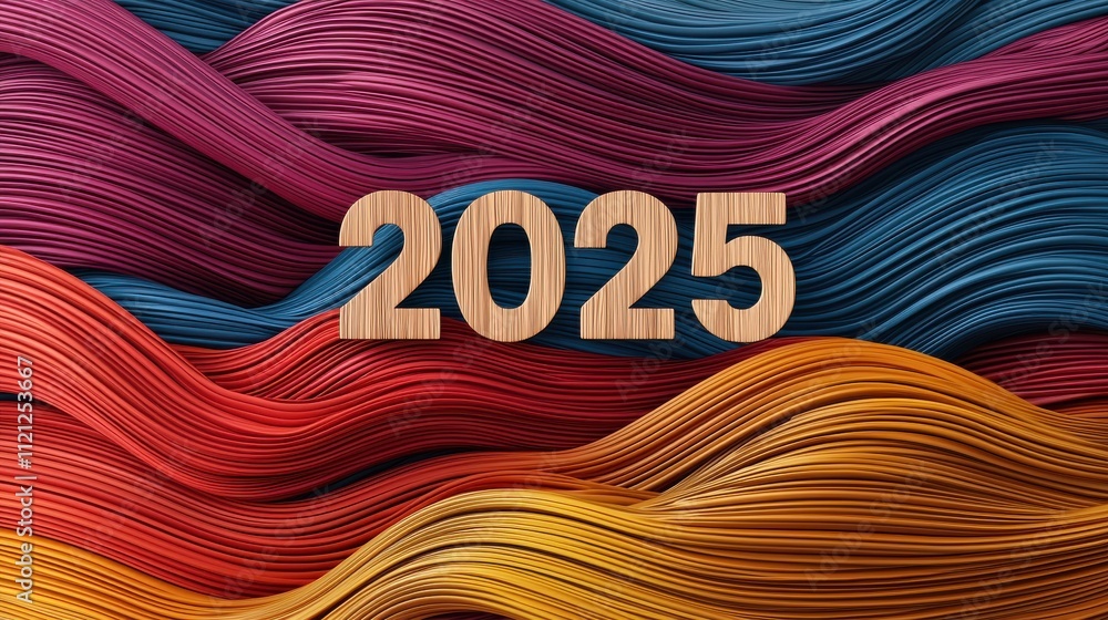 Poster a colorful abstract design featuring flowing lines with the year 