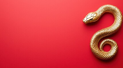 A golden snake lies gracefully on a vibrant red background, showcasing its sleek curves and shiny scales.
